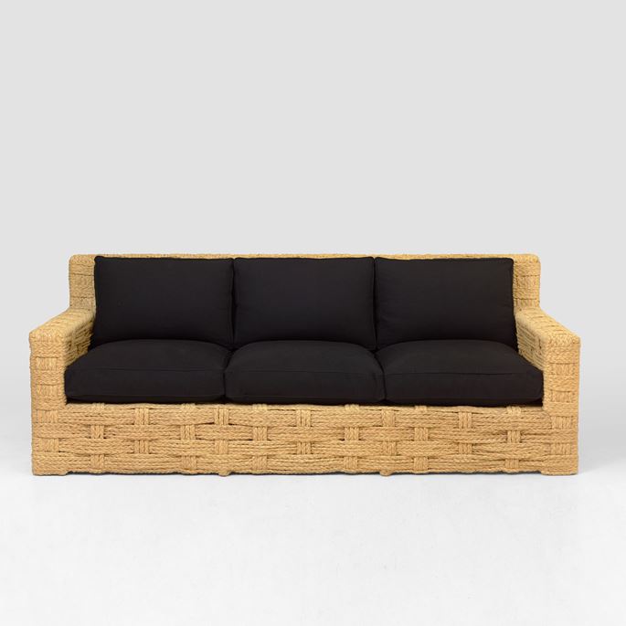 Audoux Minnet - Rare three seats sofa, wooden structure trimmed with braided raffia | MasterArt